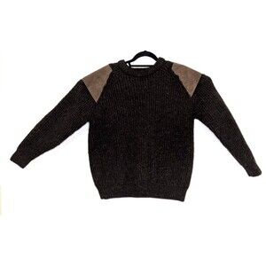 Niffi Sweater Mens L Brown Wool Suede Leather Patch Crew Jumper England Ribbed